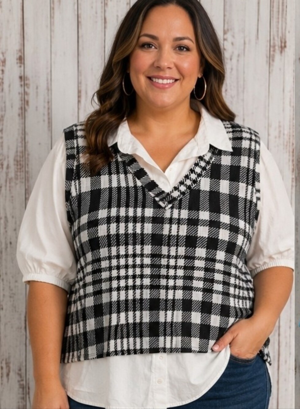 MISIA Two-Tone Black & White Plaid Collared Top